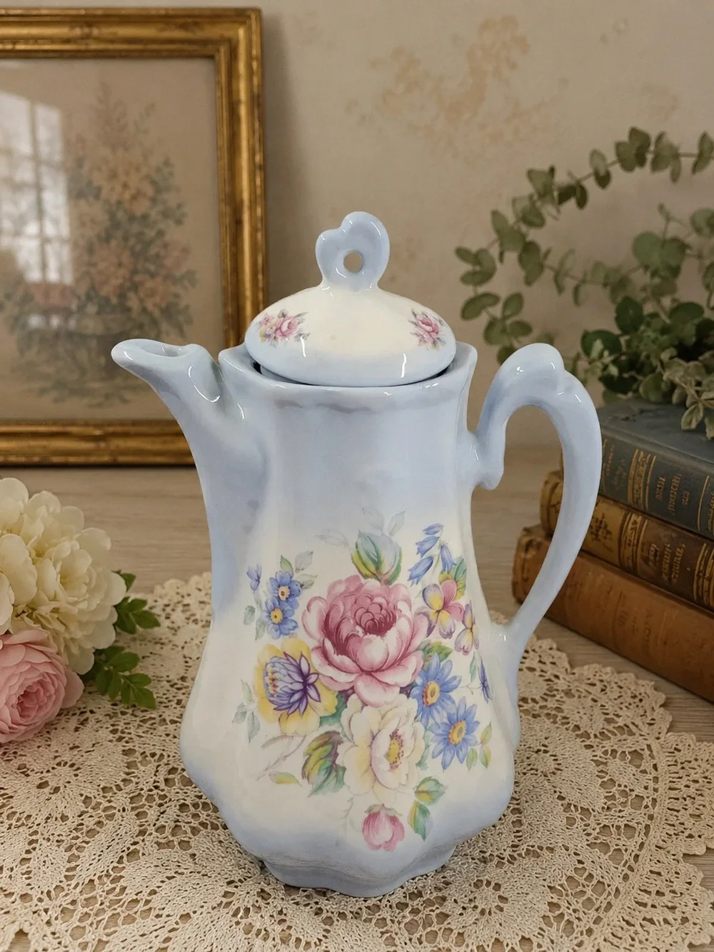 floral Coffee Pot with Lid Blue Pink Flowers Ceramic Cottage Decor 9